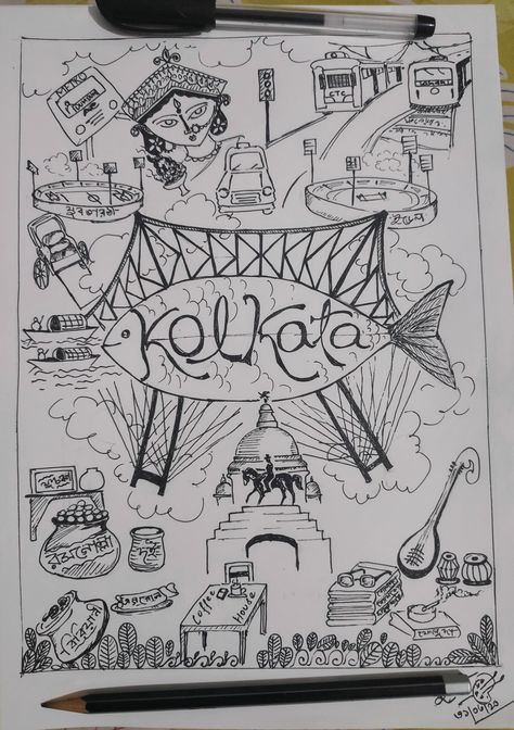 What can tell about the city Kolkata?  The street food of city.  Music- rabindra songeet. Rosogolla, biriyani, egg-roll, fuchka Durga pujo.  Mad of about football. The yellow texi city. Victoria Or in simple way the city of joy--- Kolkata. Durga Pujo Drawings, Durga Puja Doodle Art, Kolkata Drawing Sketch, Kolkata Biriyani, Kolkata Illustration Art, Kolkata Doodle Art, Bengali Project Front Page Design, Kolkata Sketch, Kolkata City Drawing