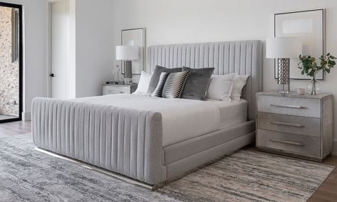 Crushed Velvet Grey Bed, Modern Chic Master Bed, Grey And Silver Bed Frame, White Silver Bedroom Furniture, Grey Tufted Upholstered Bed, White Grey Master Bed, Gray Tuft Bed, Neutral Cozy Bedroom Ideas, Luxury Bedroom Master Nightstands