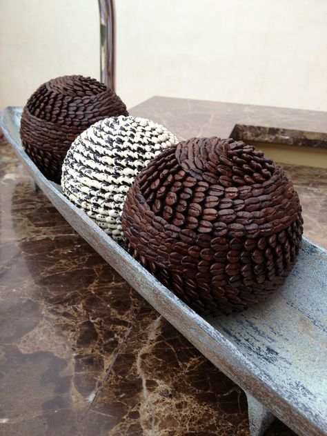 Decorative balls made from coffee beans. These were at our resort in Mexico. Coffee Bean Crafts, Coffee Bean Decor, Bean Crafts, Styrofoam Ball Crafts, Coffee Bean Art, Decoration Vitrine, Coffee Crafts, Styrofoam Ball, Creation Deco