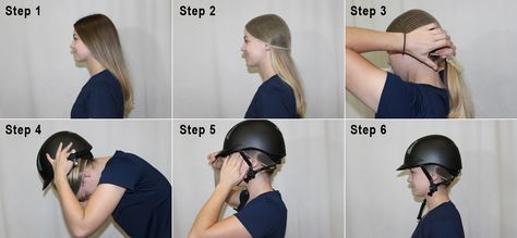 STEP 1. To put on a hairnet.   STEP 2. Apply hair net with knot either in the front or back   STEP 3. Put excess hair and net in a ponytail.   STEP 4. Begin putting the helmet on starting with the back end. STEP   5. Tuck front hair that may poke out. Make last minute small changes.   STEP 6. Rock that show-ring-ready look! Equestrian Hairstyles Helmet, Horse Riding Hairstyles Helmet Hair, Riding Hairstyles, Helmet Hairstyles, Equestrian Hairstyles, Horsemanship Patterns, Horse Riding Helmets, Helmet Hair, Girl Energy