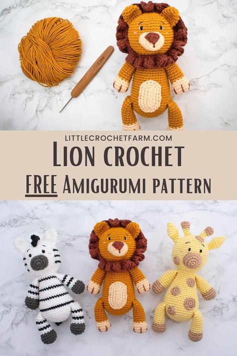 Lion crochet free pattern Crochet Zebra Pattern Free, Crochet Jungle Animals, Crochet Zebra Pattern, Woodland Crochet, Giraffe Haken, Lion Applique, Safari Amigurumi, Beginner Amigurumi, Crochet Farm