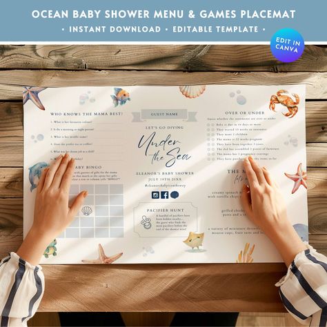 Ocean Baby Shower Game Menu Placemat,Under the Sea Boy Baby Party Menu Game Activity Mat,Blue Nautical Baby Shower Table Decor Template BS80 Placemat Template, Baby Shower Table Decor, Nautical Baby Shower Boy, Pacifier Hunt, Shower Table Decor, Surf Pool, Ocean Baby Showers, Activity Placemat, Marine Decor