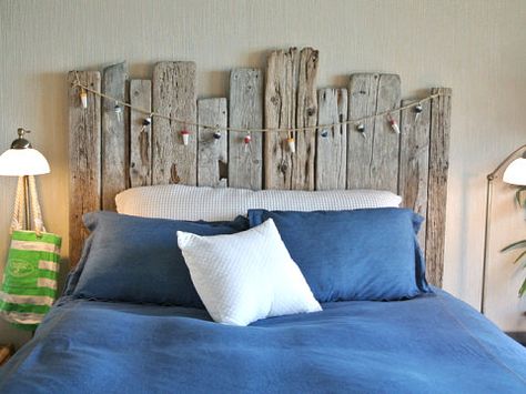 DIY Driftwood Decor: Ideas and Projects. Driftwood bedhead and fishing bobs Driftwood Headboard, Beachy Head, Head Boards, Headboard Ideas, Shore House, Head Board, Driftwood Decor, Wooden Headboard, Coastal Bedrooms