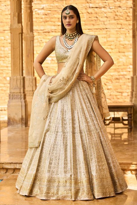 Buy Seema Gujral Embroidered Lehenga Set Online | Aza Fashions Reception Outfit For Bride Indian, Indian Reception Outfit, Gota Patti Lehenga, Seema Gujral, Orange Lehenga, Reception Outfits, Gold Lehenga, Raw Silk Lehenga, Floral Lehenga