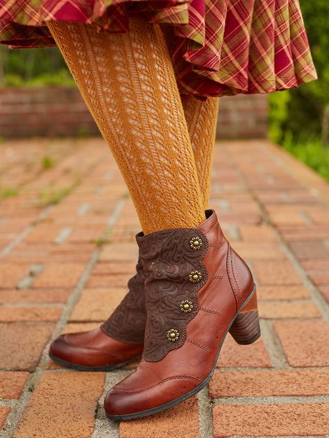 Embossed suede and polished leather vintage inspired bootie with decorative floral buttons. Vintage Style Heels, Unique Heels, April Cornell, Ladies Clothing, Prairie Dress, High Quality Shoes, Lace Inset, Patchwork Dress, Boot Accessories