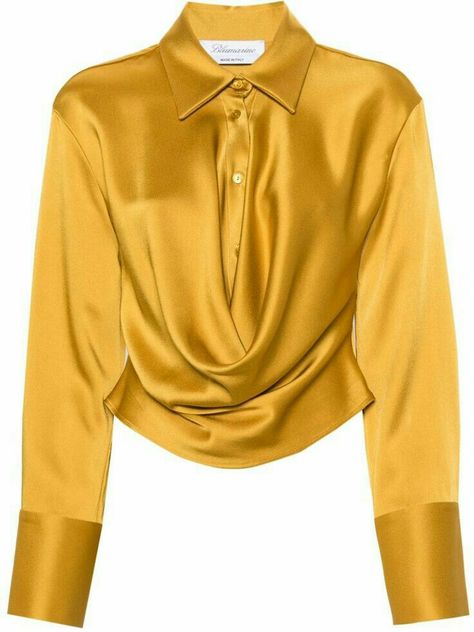 Gold Shirts For Women, Woman Blouse Design, Outfit Logo Design, Gold Outfits For Women, Satin Top Outfit, Satin Shirts For Women, Satin Blouse Long Sleeve, Modern Blouse Designs, English Outfit