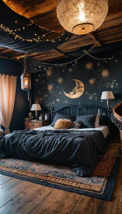 dark moody attic bedroom with starry night wallpaper and rustic wooden flooring and black bedding Book Nook Bed, Short Ceiling Bedroom Ideas, Angled Bed In Corner, Whimsygoth Bedroom Ideas, Dark Attic Bedroom, Dark Whimsical Bedroom, Slanted Ceiling Bedroom Ideas Decor, Cozy Witchy Bedroom, Dark Cozy Aesthetic