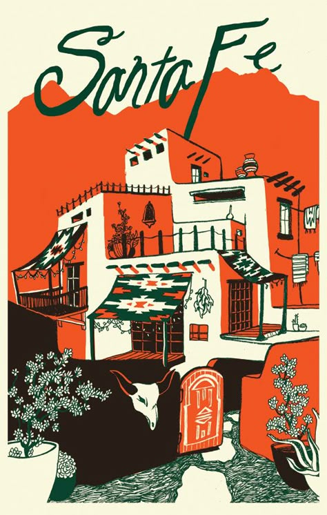 Creative Postcard, Wanderlust Decor, Illustrator Inspiration, Illustration Portfolio, Travel Postcard, My Favourite Things, Architecture Painting, Graphic Design Tools, Santa Fe New Mexico