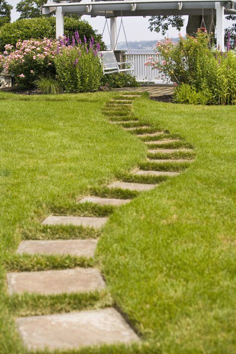 How To Lay Pavers, Centipede Grass, Paver Path, Landscaping A Slope, Sloped Yard, Growing Grass, Paver Walkway, Outdoor Path, Sloped Backyard