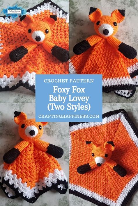 Foxy Fox Lovey is a crochet pattern for a cute baby security blanket. Make this animal baby lovey with this easy crochet pattern from Crafting Happiness #crochetblankets #crochetafghans #babylovey #babysecurityblanket #crochetstitches #crochetpatterns #crochetanimals #crochetforbaby #crochetprojects #crochetbaby #babyblankets #nurseryideas #babiesnursery #animallovey Fox Lovey, Fox Baby Blanket, Kids Knitting, Crochet Baby Booties Pattern, Kids Knitting Patterns, Lovey Pattern, Crochet Lovey, Fox Baby, Baby Booties Pattern