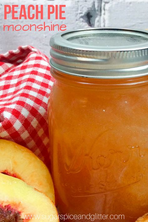 Peach Pie Moonshine, a delicious homemade vodka recipe perfect for summer cocktails. Peach Moonshine Recipe, Infusing Alcohol, Peach Liquor, Peach Pie Moonshine, Flavored Moonshine Recipes, Homemade Peach Pie, Peach Moonshine, Homemade Vodka, Homemade Liqueur