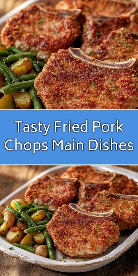 I can't get enough of these crispy, golden fried pork chops! Perfectly seasoned and served alongside fresh green beans and buttered potatoes, this dish is a family favorite that never fails to impress. Whether you're hosting a dinner party or just enjoying a cozy meal at home, these juicy pork chops are sure to satisfy. Try this recipe and add a new favorite to your dinner rotation! Center Pork Chop Recipes, How To Fry Pork Chops, Fried Pork Chops Easy, Buttered Potatoes, Fried Pork Chops Recipe, Sides For Pork Chops, Pork Chops Bone In, Homemade Banana Pudding Recipe, Grilled Halibut