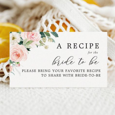 Elegant Blush Bridal Shower Share A Recipe  Enclosure Card Baby Shower Books, Bridal Shower Recipe, Blush Bridal Showers, Cow Baby Showers, Bow Baby Shower, Bridal Shower Cards, Bridal Shower Food, Books For Baby, Blush Bridal