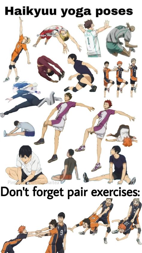 Haikyuu funny meme yoga poses pair exercises Haikyuu Workout Routine, Shinzen High Haikyuu, Amezure Haikyuu, Haikyuu Art Style, Haikyuu Height Chart, Haikyuu Workout, Haikyuu Poses, Anime Exercise, Haikyuu Game