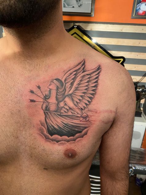 Guardian Angel Tattoo, Band Tattoo Designs, Chest Tattoo Men, Band Tattoo, Angel Tattoo, Chest Tattoo, Guardian Angel, Tattoos For Guys, Tatting