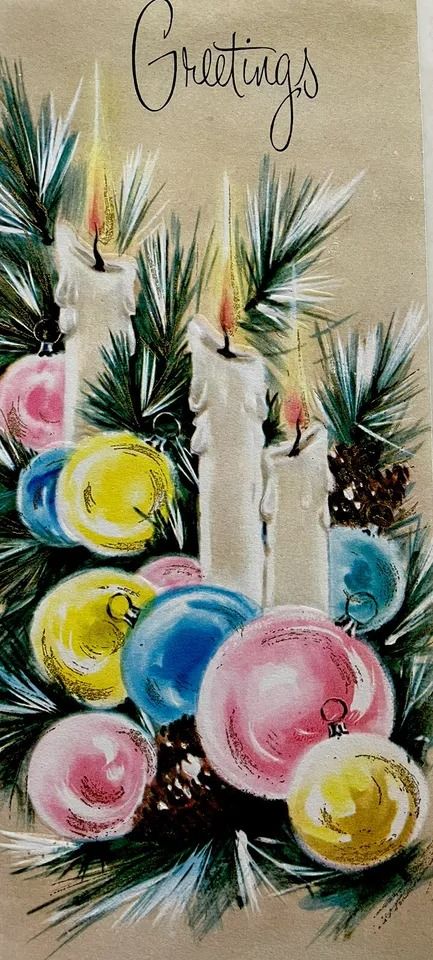 50s Pink Blue Gold Ornaments Flickery Candles Pine Vibes VTG Christmas Card USED | eBay Penny Parker, Xmas Images, Xmas Printables, Vintage Christmas Candles, Vintage Holiday Cards, Image Vintage, Brag Book, Xmas Greetings, 1950s Christmas