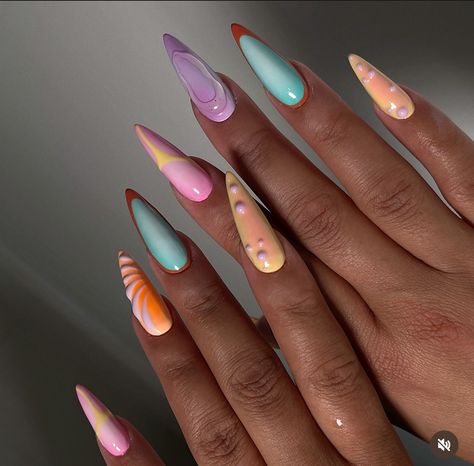 Nail Ideas Swirl, Medium Summer Nails, Summer Nails Medium, Brown Summer Nails, Nail Designs Brown, Nail Designs Stiletto, Summer Nails Chrome, Green Summer Nails, Fun Nail Ideas