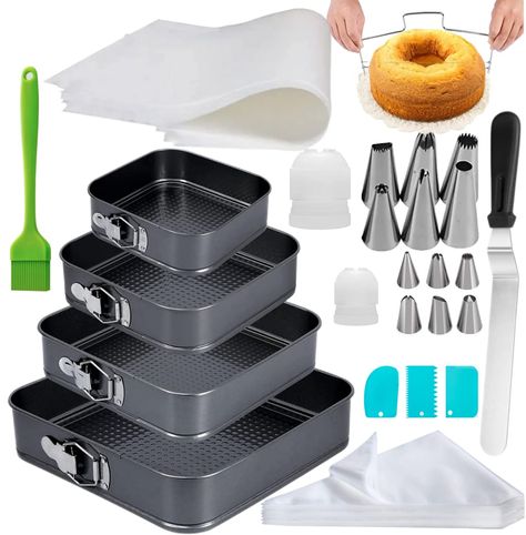 PRICES MAY VARY. ✅ Everything You Need to Bake Cheesecakes & Layer/Tier Cakes: brings everything you need for baking and decorating your favorite types of cakes. Here’s what this package includes: ✔ 9.5-inch cake pan ✔ 10-inch cake pan ✔ 11-inch cake Pan ✔ 20 Pcs Parchment Paper Liners ✔ 1 Cake Leveler ✔ 12 Icing Tips ✔ 2 Piping Bag Couplers ✔ 1 Icing Spatula ✔ 3 Scrappers ✔ 100 Disposable Piping Bags ✔ 50 Cake flags ✅ Ultimate Springform Set for Multipurpose Baking: This cake pan set for baking Cake Leveler, Cheesecake Pan, Square Pan, Icing Tips, Baking Cake, Cake Decorating Supplies, 11 Inches, Cheesecake, Cake Decorating