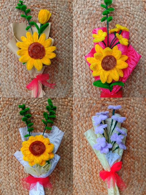 These DIY flowers were made of fuzzy wire. Fuzzy Wire Flower Bouquet, Fuzzy Wire Flower, Wire Flower Bouquet, Fuzzy Wire, Diy Bouquet Wrap, Wire Diy, Flower Bouquet Diy, Pipe Cleaner Crafts, Wire Flowers