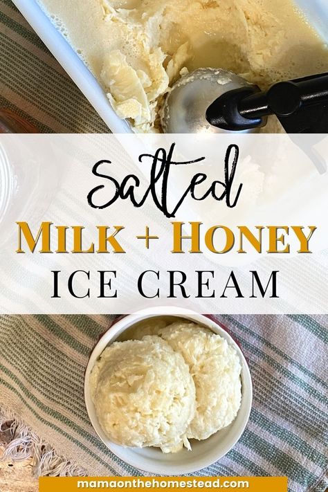 Salted Milk and Honey Ice Cream is my family's favorite frozen treat! Check out the 5 ingredient homemade ice cream recipe for yourself! #homemadeicecream #icecreamrecipe #nochurnicecream #homemadetreat #icecream #milkandhoney #homemaking #homesteading #homesteadkitchen #homesteadmama #summertreat Kitchenaid Ice Cream Attachment, Kitchen Aid Ice Cream Recipes, Homemade Ice Cream Recipe, Ice Cream Recipes Machine, Easy Homemade Ice Cream, Honey Ice Cream, Vanilla Ice Cream Recipe, Comfort Desserts, Ice Cream Maker Recipes