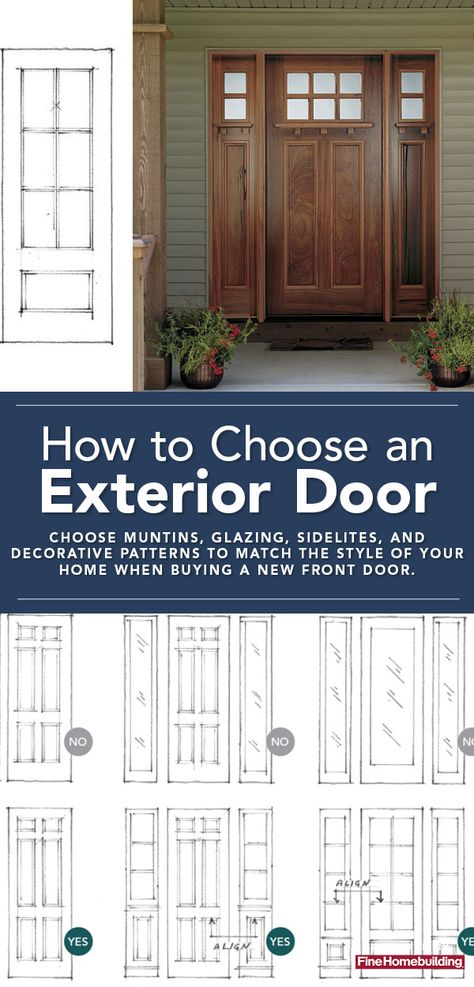 Choose muntins, glazing, sidelites, and decorative patterns to match the style of your home when buying a new front door. - Fine Homebuilding #HomeBuilding #Construction #ExteriorDoors #Design #HomeDesign Should Front Door And Garage Door Match, Front Door And Garage Door Match, Home Improvement Projects, Exterior Doors, Entry Doors, One Design, Curb Appeal, Design Elements, Front Door