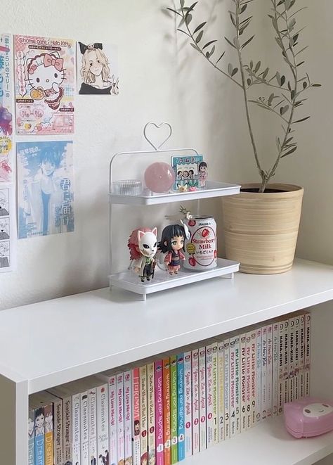 @morgansrayy | not my picture, dm me for cred or removal !! Book Desks, Pink Anime Room, Kpop Sanrio, Bedroom Books, Manga Tokyo Revengers, Small Room Makeover, Shelf Bedroom, Colorful Apartment, Pastel Room