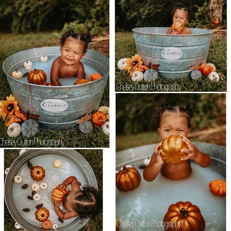 1st Birthday Pumpkin Photo Shoot, Pumpkin Fall Mini Session, Apple Milk Bath Photos, Fall Photo Shoot Props, Spooky Milk Bath, Pumpkin Milk Bath Pictures, Fall Milk Bath Baby, Halloween Milk Bath, Fall Milk Bath Photography