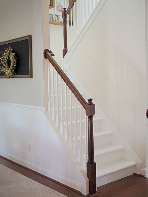 Floors And Stairs Different Colors, Painted White Stairs With Runner, Painting Plywood Stairs, Painted Plywood Stairs, Uncarpeted Stairs, Stain Stair Railing, White Wood Stairs, Painted Wooden Stairs, All White Staircase