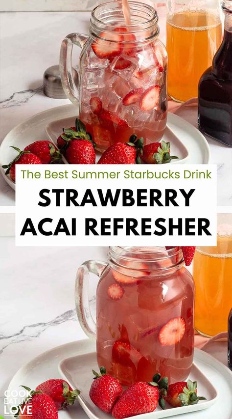 Quench your thirst with this easy, Starbucks Summer Strawberry Acai Refresher, copycat recipe! This summer Starbucks drink is packed with the fresh, fruity flavors of strawberries and acai, it's the perfect drink to refresh and rejuvenate. Smooth, silky, and bursting with flavor, it's sure to become your homemade Starbucks refresher! #summerstarbucksdrinks #starbucksrefreshers #summerdrinks Starbucks Acai Refresher Recipe, Refresher Recipes, Strawberry Acai Refresher Recipe, Acai Drink, Acai Juice, Homemade Starbucks, Strawberry Acai Refresher, Berry Sangria, Starbucks Summer