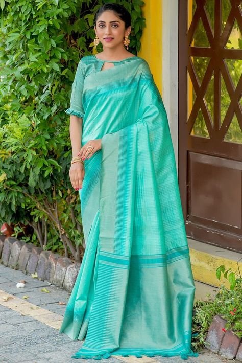 this beautiful saree Cotton South Indian Saree in Teal with Zari which is embellished with Zari Work with Designer style. Blouse of this saree is in Teal color made by Cotton fabric and for wash care we will suggest you to First Wash Dry Clean Only in first wash.
Petticoat included with saree.
#Beautiful saree #Fashion #fashion trade #Style #Women outfit South Silk Saree, South Indian Saree, Vs Image, Wedding Sarees Online, Peach Saree, South Silk Sarees, Saree Floral, Raw Silk Saree, Indian Designer Sarees