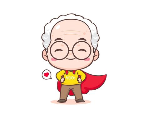 Cute grandfather or old man cartoon character. Super hero grandpa with red cloak hand at waist. Kawaii chibi hand drawn style. Adorable mascot vector illustration. People Family Concept design Chibi Hands, Vector Illustration People, Red Cloak, Man Cartoon, Illustration People, Cartoon Character Pictures, Kawaii Chibi, Logo Banners, Cartoon Icons