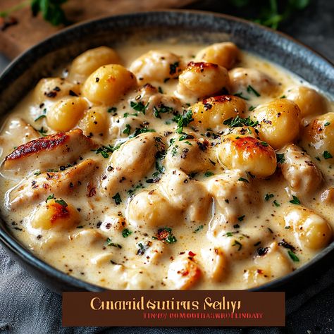 Creamy Chicken and Gnocchi Creamy Garlic Chicken Gnocchi Soup, Soups Using Gnocchi, Chicken And Gnocchi Bake, Chicken And Gnocchi Casserole, Easy Chicken And Gnocchi Recipes, Gnocchi Recipes Soups, Crockpot Recipes Gnocchi, Gnocchi Meals Dinners, Soup Gnocchi Recipes