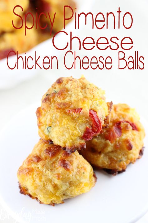 Spicy Pimento Cheese Chicken Cheeseballs - Everyday Made Fresh Chicken Cheese Balls Recipe, Pimento Cheese Chicken, Chicken Cheese Balls, Spicy Pimento Cheese, Cheese Balls Recipe, Chicken Salsa, Extra Sharp Cheddar, Chicken Balls, Cheese Chicken