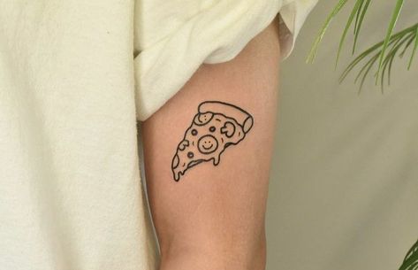 Pizza Tattoo Minimalist, Leg Line Tattoo, Small Pizza Tattoo, Cereal Tattoo, Pizza Tattoo Design, Pasta Tattoo, Pizza Tattoo, Patch Sleeve, Pikachu Tattoo