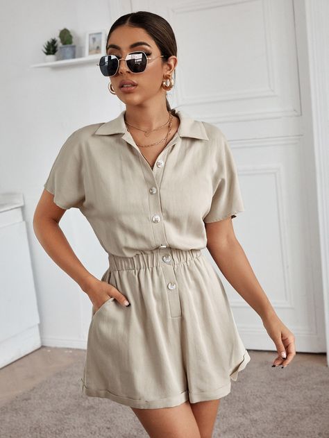 Short Jumpsuit Outfit, Short Jumpsuits For Women, Shorts Romper Outfit, Jumpsuit Outfit Casual, Batwing Sleeve Shirt, Shirt Romper, Couple Wedding Dress, Short Dress Styles, Jumpsuit Outfit