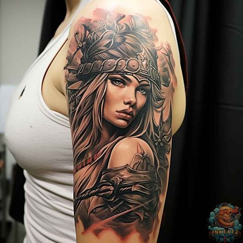 A Symbol of Strength: The Fascinating Meaning Behind the Female Warrior Tattoo – 40 Designs - inktat2.com Amazonian Women Tattoo, Fitness Tattoos For Women, Badass Female Tattoos, Goddess Warrior Tattoo, Lady Warrior Tattoo, Aztec Warrior Tattoo For Women, Valkyrie Tattoo Woman Female Warriors, Aztec Girl Tattoo, Warrior Women Tattoo