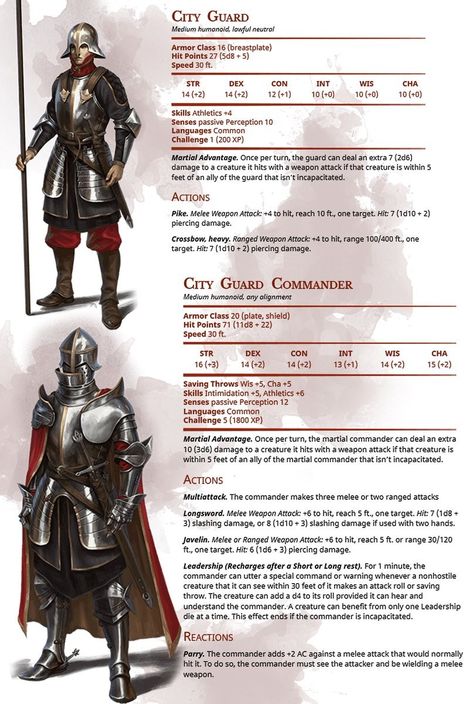 5e NPC - City Guard and Guard Commander Npc Sheet Dnd, Dnd Town Guard, Statblock 5e, D&d Stat Blocks, Thieves Guild Dnd, Dnd Enemy Sheet, Zhentarim Dnd, Dnd City Guard, Npc Dnd Sheet