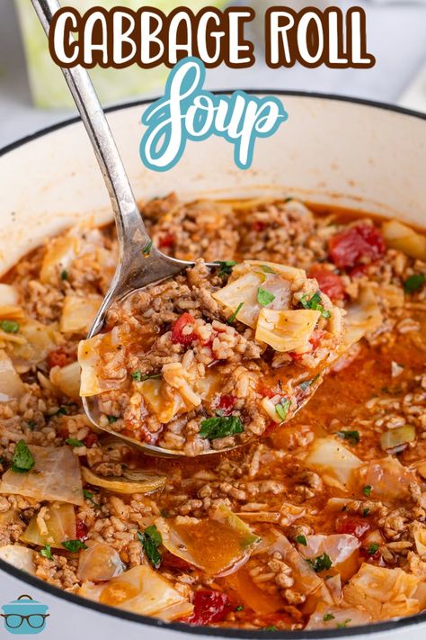 A pot of Cabbage Roll Soup with a ladle scooping some out. Cabbage Soup Crockpot, Unstuffed Cabbage Roll Soup, Buttered Cabbage, Unstuffed Cabbage Rolls, Bacon Fried Cabbage, Ground Beef Rice, Cabbage Rice, Stuffed Cabbage Rolls, Taco Soup Crock Pot