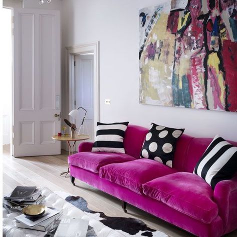 a hot pink velvet sofa is a bright colorful statement for every living room Pink Sofa Living Room, Velvet Sofa Living Room, Pink Velvet Sofa, Pink Couch, Pink Living Room, Pink Sofa, Colourful Living Room, Living Room Sectional, Cool Rooms