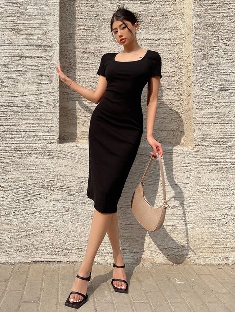 Black Elegant Collar Short Sleeve Knitted Fabric Plain Bodycon Embellished High Stretch  Women Clothing Cocktail Outfits, Ribbed Knit Bodycon Dress, Knit Bodycon Dress, Cocktail Outfit, Short Bodycon Dress, Black Long Sleeve Dress, Women Midi, All Black Outfit, Black Bodycon Dress