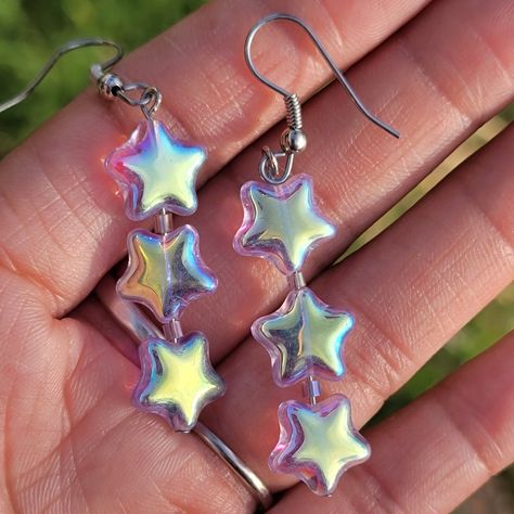 Y2k 1990s Vintage Holographic Iridescent Transparent Purple Stars Dangling Earrings So Beautiful! A Stack Of Three Iridescent Holographic Purple Hued Plastic Stars With One Bead Between The Top And Bottom Two. Fun, Y2k 90s Vintage! French Wire Hooks. No Precious Metals. Never Worn. Tags: Native American, Southwestern, Western, Jewelry, Ranch Girl, Vintage, Tribal, Aztec, Hippie, Boho, Bohemian, Gypsy, Moon Child, Desert, Country Girl, Cowgirl, Cowboy Farm Girl, Horse Lover, Turquoise Rodeo Queen Kawaii Accessories Jewelry, Cute Fun Earrings, Funky Earrings Vintage, Holographic Keychain, Silly Earrings, Ranch Girl, Pride Accessories, Holographic Fashion, Rave Jewelry