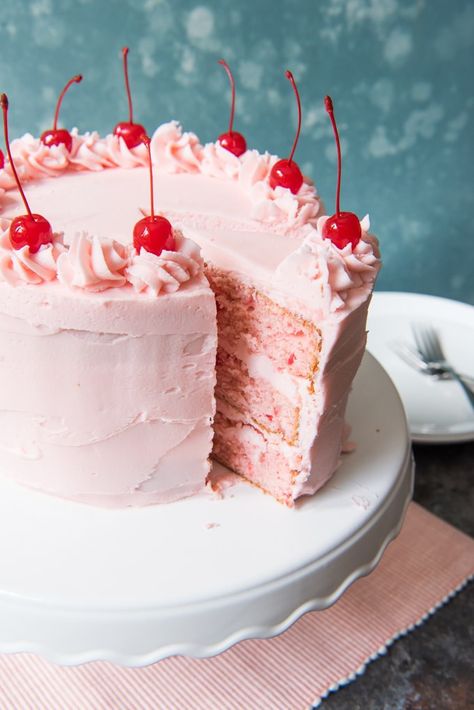 This homemade Vintage Cherry Chip Layer Cake made from scratch is bursting with sweet cherry flavor and tinted the perfect shade of pink from nothing other than the maraschino cherry juice from the jar! Chopped up maraschino cherries are folded into the batter to make sure the cherry flavor really comes through in this super fun, moist Cherry Chip Layer Cake that is perfect for almost any celebration! Cherry Chip Cake Recipe, Vintage Cherry Cake, Cherry Cakes, Cherry Chip Cake, Cherry Cake Recipe, Maraschino Cherries, Simple Cake Designs, Vintage Cherry, Cake Recipes From Scratch