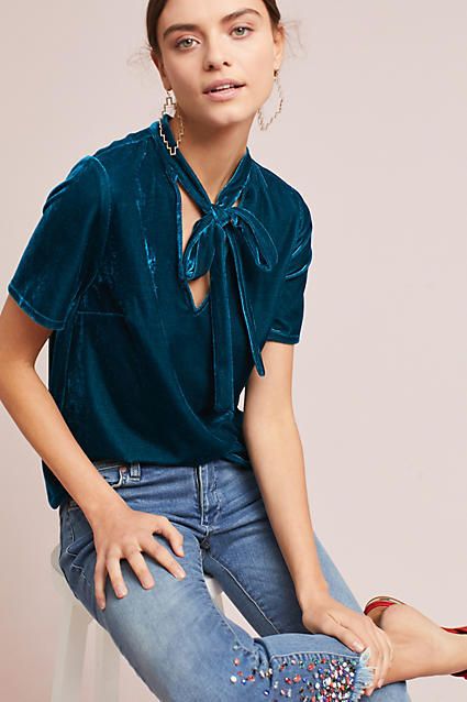 I am loving this teal velvet top! Sunday in Brooklyn Velvet Tie-Neck Top. anthro. #affiliate Blue Velvet Top, Velvet Tie, Velvet Clothes, Velvet Shirt, Tie Neck Tops, Velvet Blouses, Cooler Look, Velvet Top, Velvet Fashion