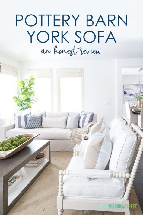 A detailed Pottery Barn York Sofa review from a homeowner that owns two of them. Such a gorgeous slope arm linen couch option! #livingroom #potterybarn Pottery Barn Sectional, Pottery Barn Couch, Pottery Barn Sofa, Slope Arm Sofa, Pottery Barn Living Room, Linen Couch, Grey Couch, Beauty Station, Barn Living