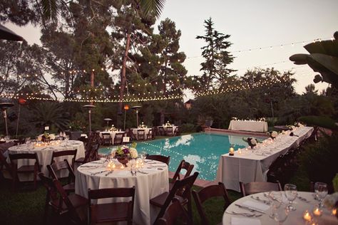 mixture of round and long tables around the pool... looks cramped in this photo so we'd obviously make it look better! Tables Around Pool Wedding, Small Backyard Wedding With Pool, Backyard Wedding With Pool, Pool Wedding Reception, Poolside Wedding Reception, Backyard Wedding Pool, Wedding Pool Party, Backyard Graduation Party, Pool Wedding