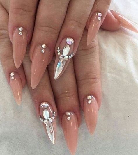 Stone Nail Art, Blue Acrylic Nails, Nail Jewels, Swarovski Nails, Nails Design With Rhinestones, Almond Nail, Gem Nails, Diamond Nails, Prom Nails