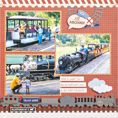 All Aboard to Inspiration Station With This Train Scrapbook Layout – Creative Memories Blog Scrapbook Beach, Scrapbook Page Ideas, Life Scrapbook, Groovy Art, Cricut Art, Family Layout, Train Museum, Cricut Inspiration, Travel Scrapbook Pages