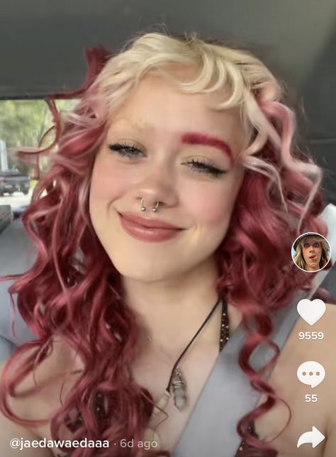 Blonde Color Block Hair Curly, Blonde Roots Pink Hair, Red And Blond Curly Hair, Curly Red And Blonde Hair, Red Hair White Highlights, Blonde Hair Red Tips, Red Hair With White Highlights, Pastel Red Hair, Two Tone Red Hair