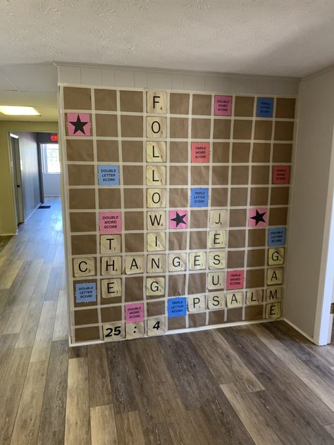 Trouble Game Decorations, Scrabble Party Decorations, Scrabble Themed Party, Life Board Game Decorations, Scrabble Bulletin Board Ideas, Board Game Vbs Crafts, Board Games Decorations, Board Game Homecoming Theme, Game Of Life Decorations