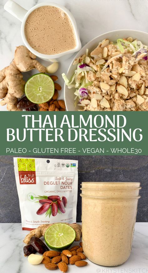 Thai Almond Butter Dressing (Vegan, Paleo, Whole30 & Gluten Free) Almond Butter Tahini Dressing, Almond Butter Salad Dressing, Almond Dressing, Gf Salads, Almond Butter Dressing, Whole 30 Salads, Healthy Condiments, Vegan Dressings, Oil Free Salad Dressing